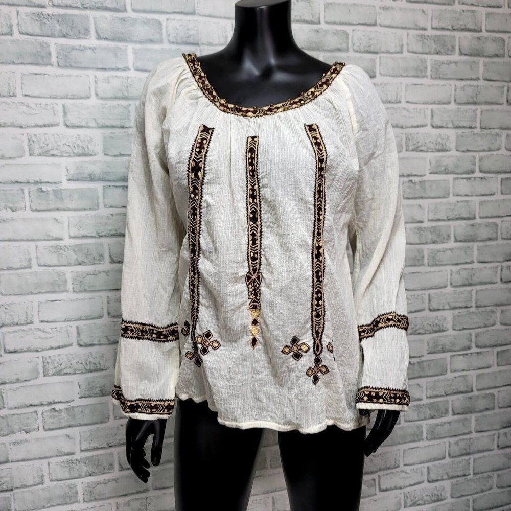 Joie Womens L Off White Gauzy Cotton Embroidered‎ Boho Flowy Top Long Sleeve
